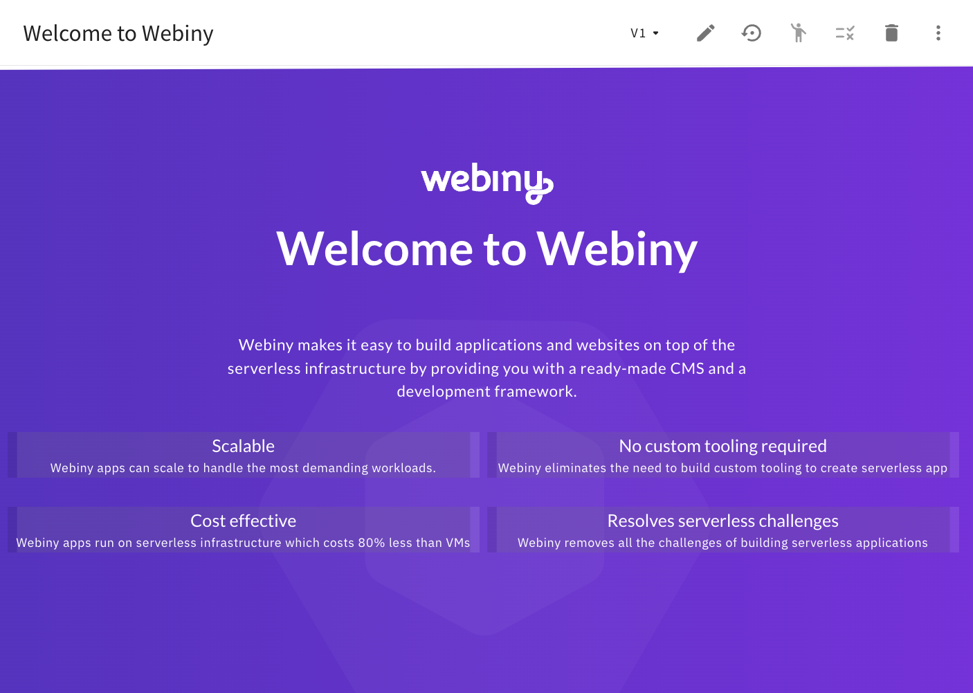 Welcome To Webiny Page - Before the Performed Migration Steps